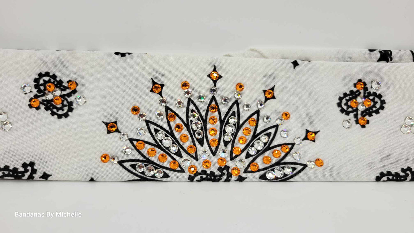 Narrow White Paisley Bandana with Orange and Diamond Clear Austrian Crystals (Sku2033)