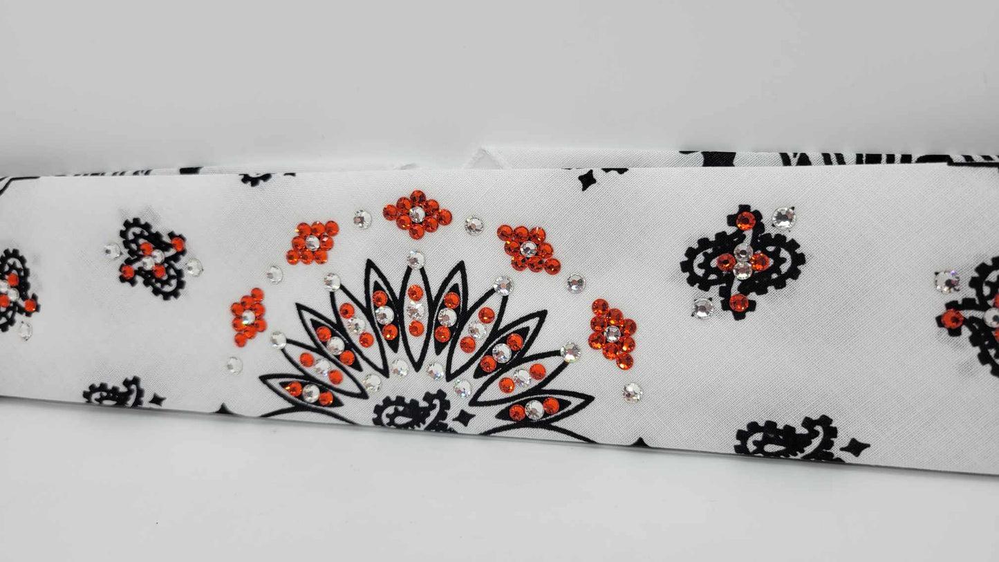 Narrow White Paisley Bandana with Orange and Diamond Clear Austrian Crystals (Sku2035)