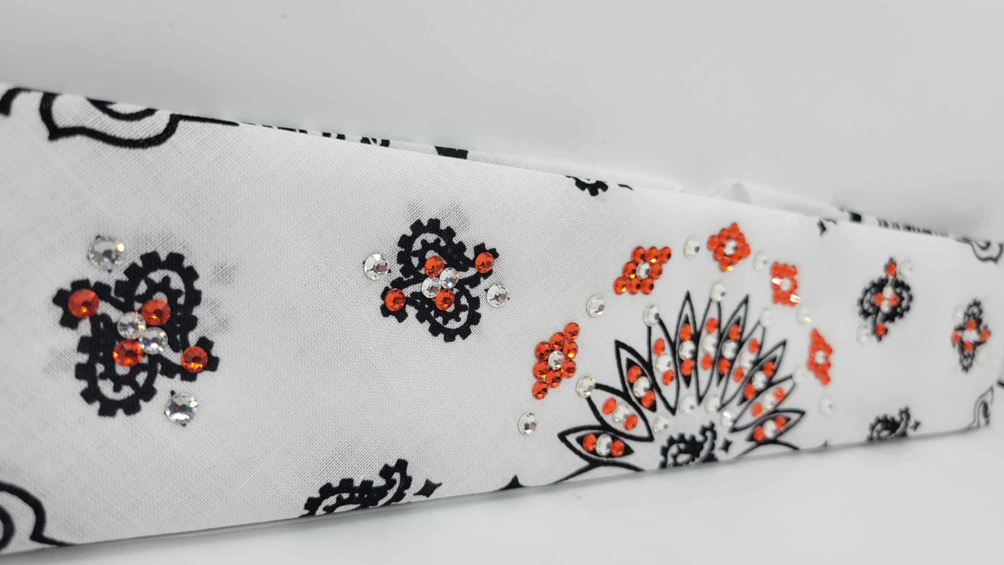 Narrow White Paisley Bandana with Orange and Diamond Clear Austrian Crystals (Sku2035)