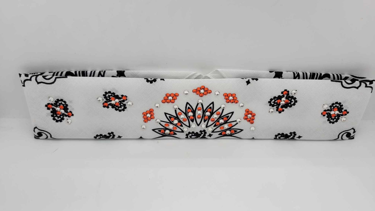 Narrow White Paisley Bandana with Orange and Diamond Clear Austrian Crystals (Sku2035)