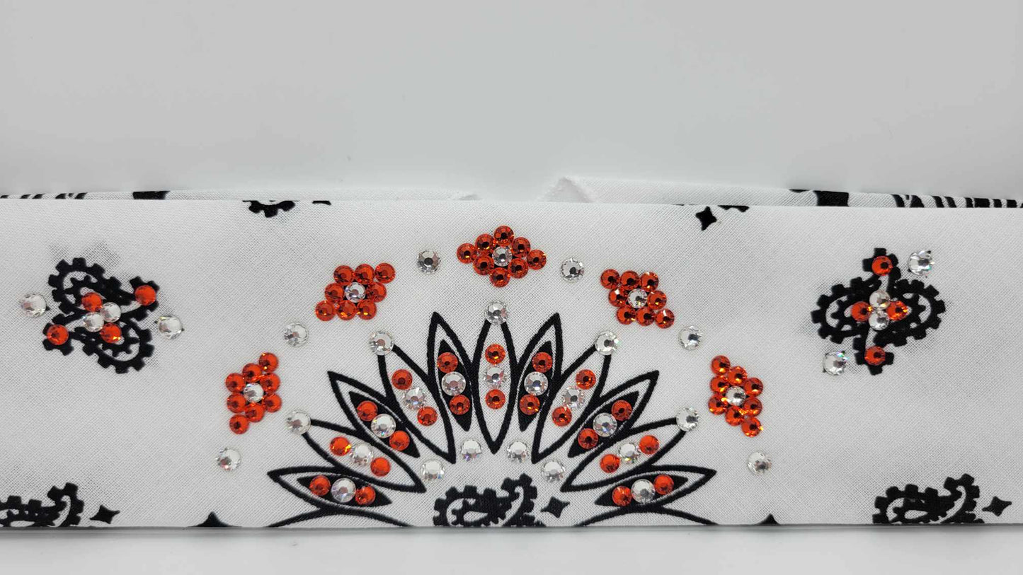 Narrow White Paisley Bandana with Orange and Diamond Clear Austrian Crystals (Sku2035)