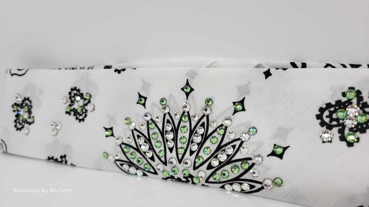 Narrow White Paisley Bandana with Peridot Green and Diamond Clear Austrian Crystals (Sku2037)