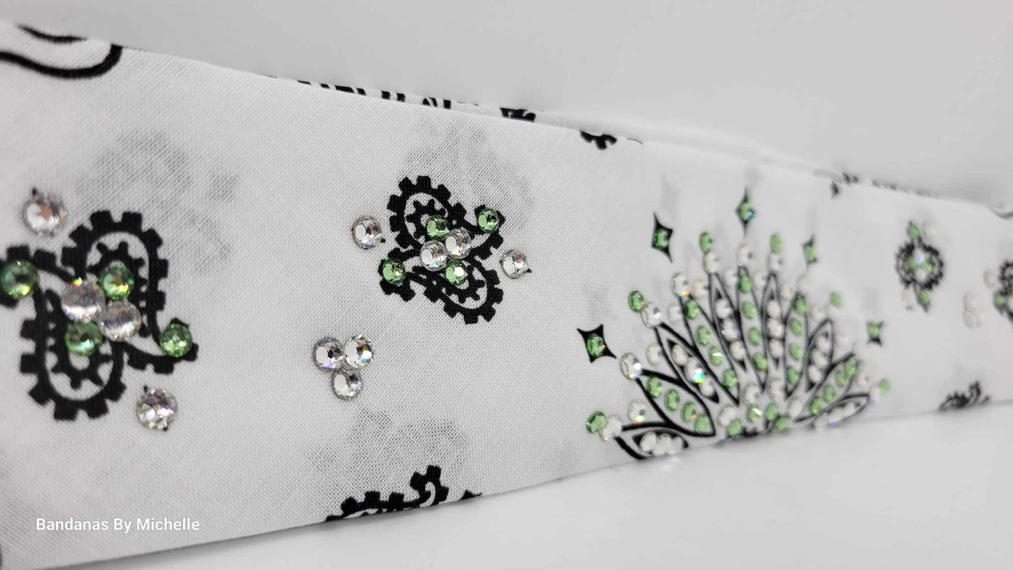 Narrow White Paisley Bandana with Peridot Green and Diamond Clear Austrian Crystals (Sku2037)