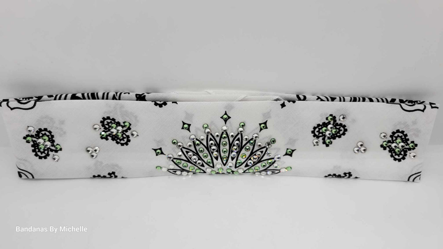 Narrow White Paisley Bandana with Peridot Green and Diamond Clear Austrian Crystals (Sku2037)