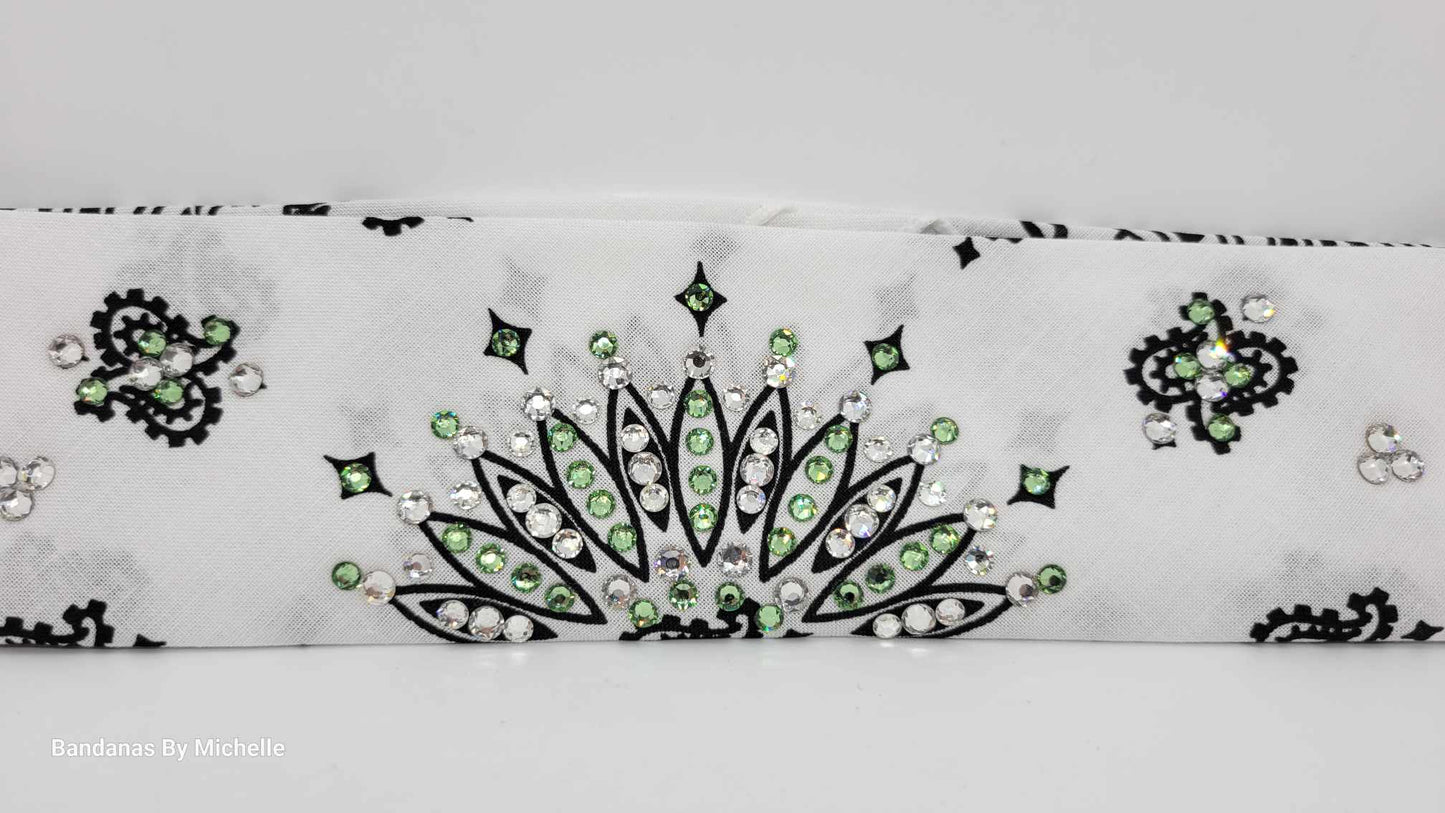 Narrow White Paisley Bandana with Peridot Green and Diamond Clear Austrian Crystals (Sku2037)