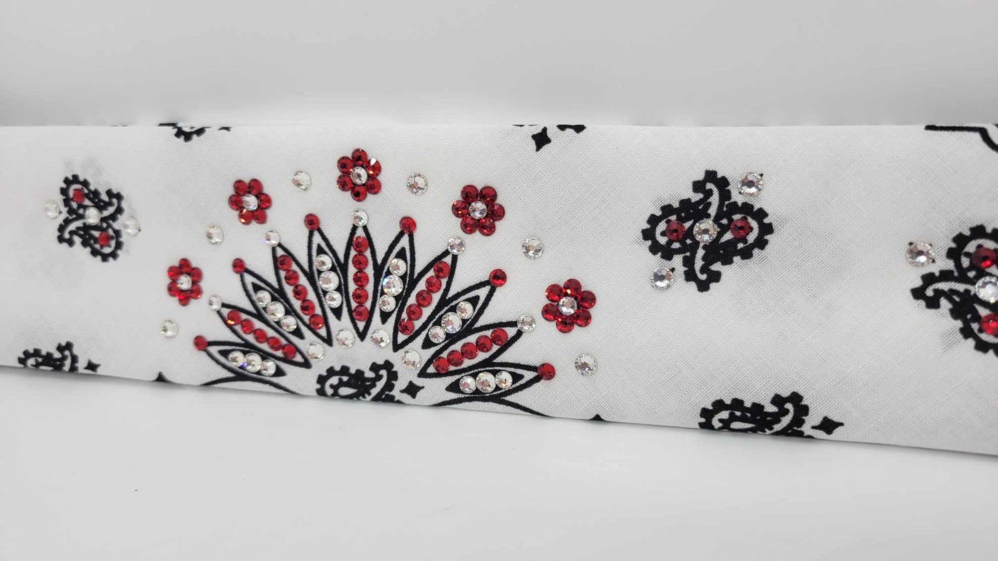 Narrow White Paisley Bandana with Red and Diamond Clear Austrian Crystals (Sku2038)