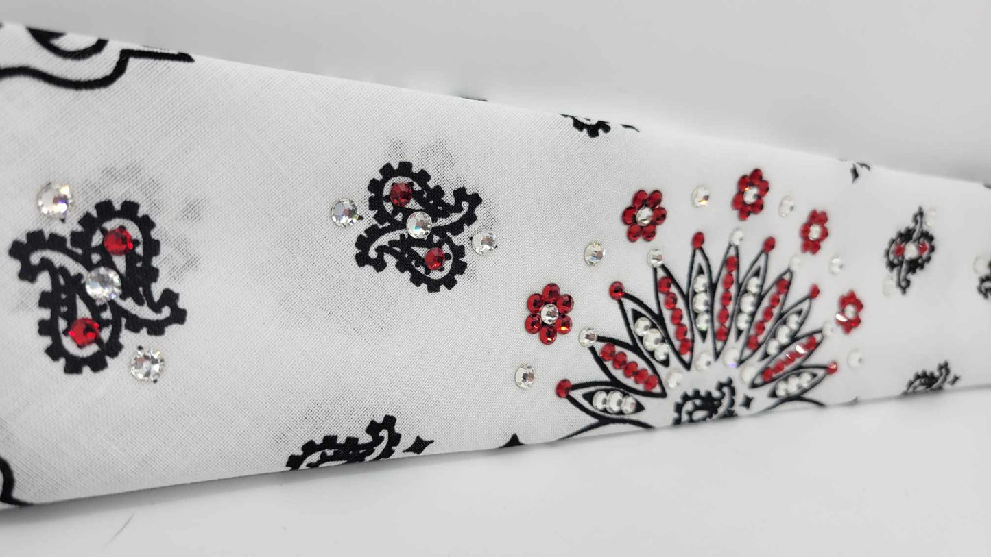 Narrow White Paisley Bandana with Red and Diamond Clear Austrian Crystals (Sku2038)