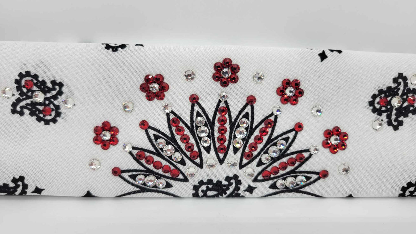 Narrow White Paisley Bandana with Red and Diamond Clear Austrian Crystals (Sku2038)