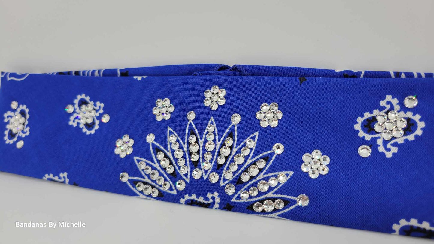 Narrow Blue Paisley Bandanas with Diamond Clear Austrian Crystals (Sku2050)