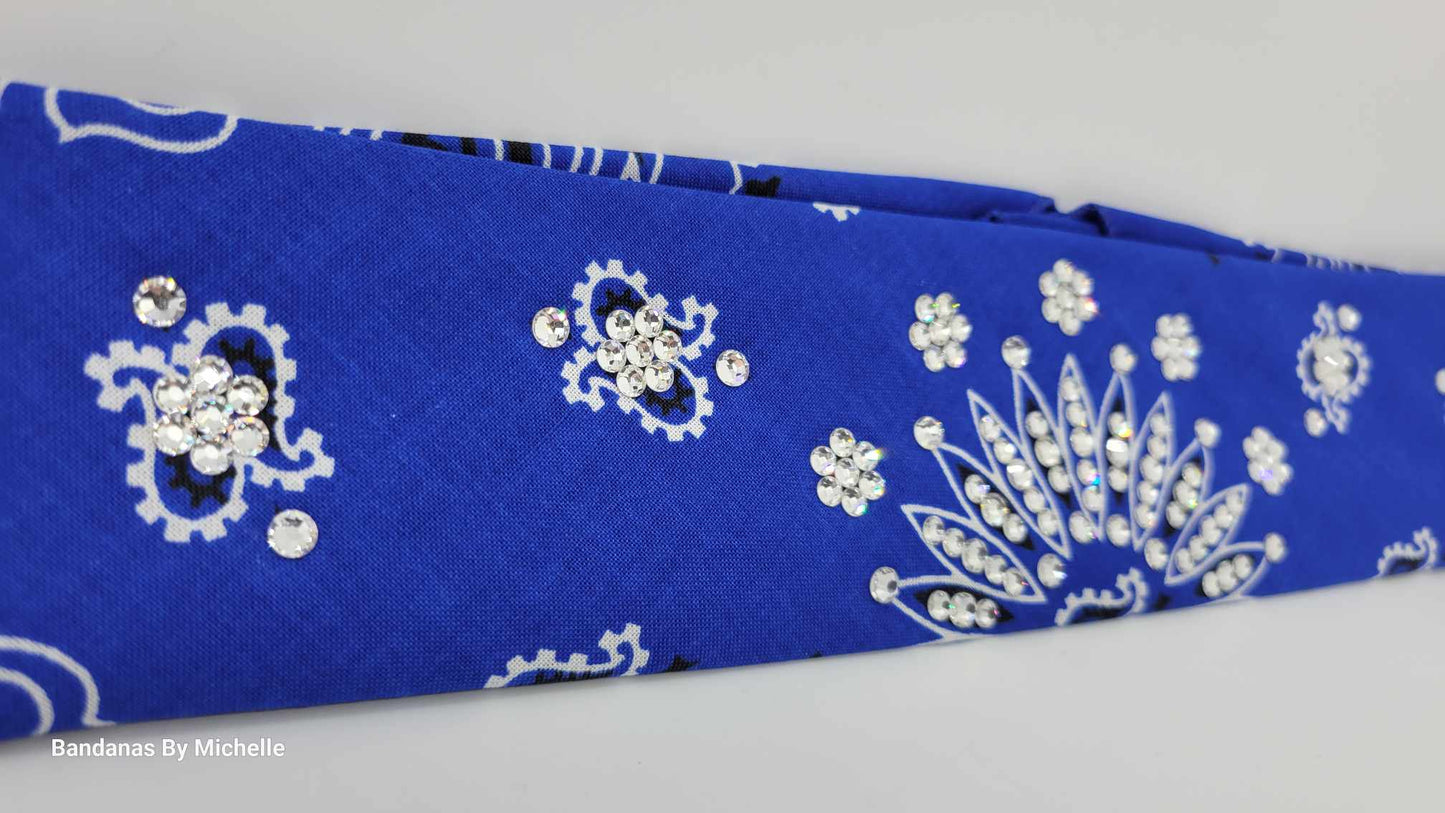 Narrow Blue Paisley Bandanas with Diamond Clear Austrian Crystals (Sku2050)