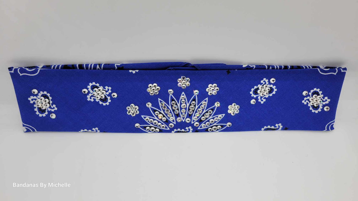 Narrow Blue Paisley Bandanas with Diamond Clear Austrian Crystals (Sku2050)