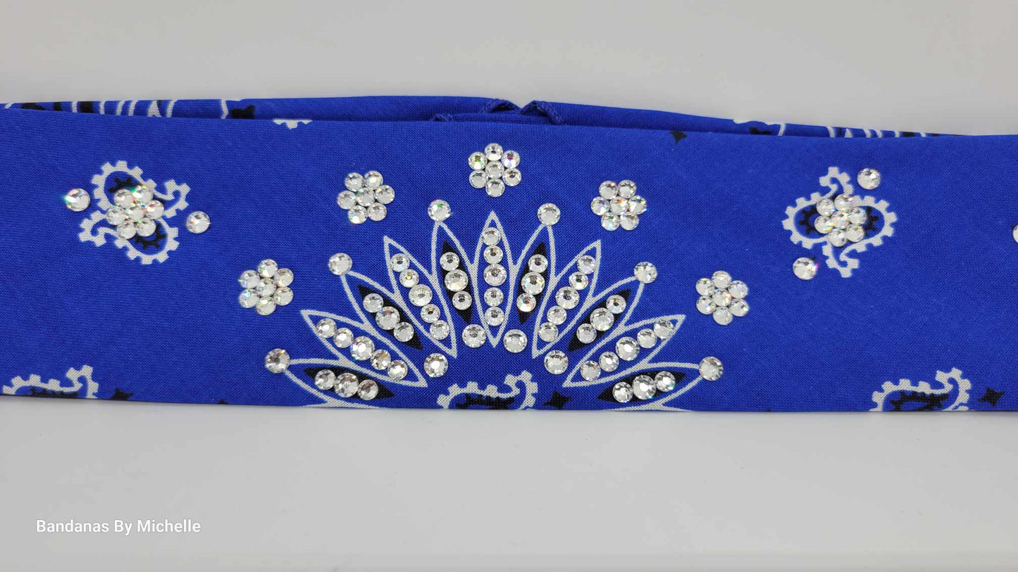 Narrow Blue Paisley Bandanas with Diamond Clear Austrian Crystals (Sku2050)