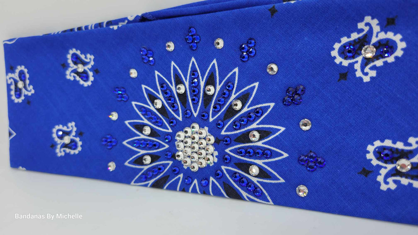 Blue Paisley Bandana with Blue and Diamond Clear Austrian Crystals (Sku2051)