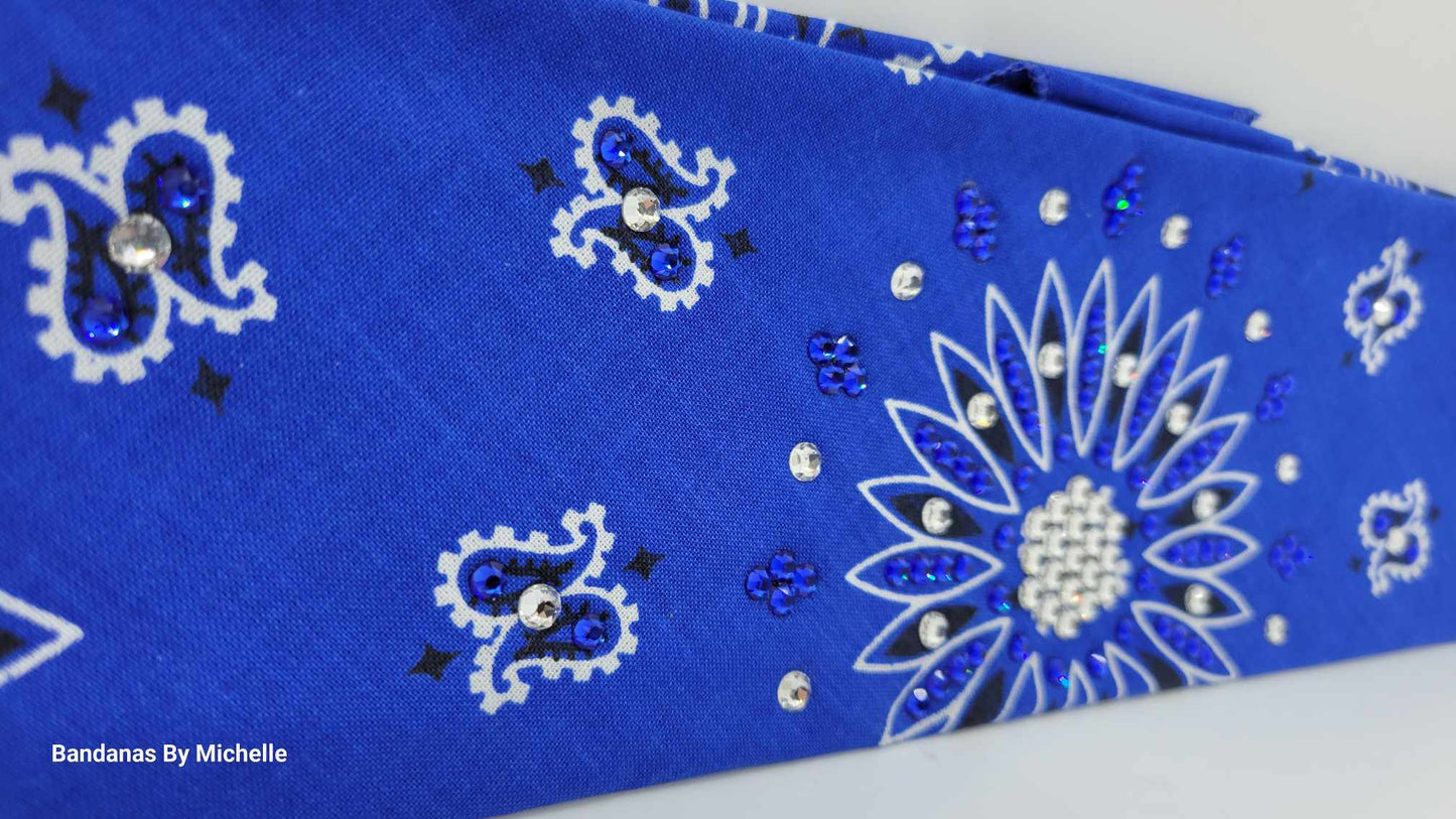 Blue Paisley Bandana with Blue and Diamond Clear Austrian Crystals (Sku2051)