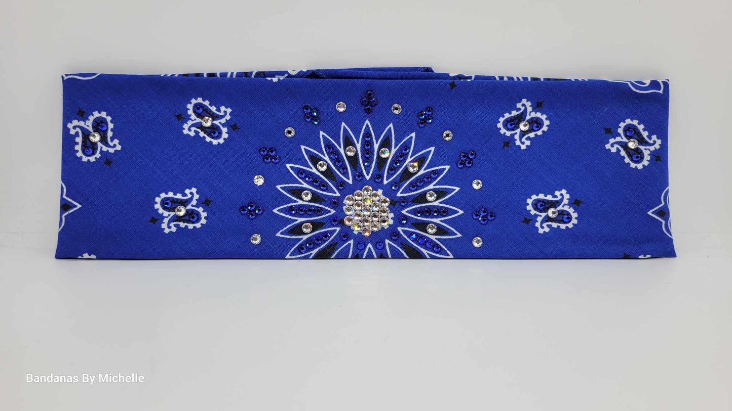 Blue Paisley Bandana with Blue and Diamond Clear Austrian Crystals (Sku2051)