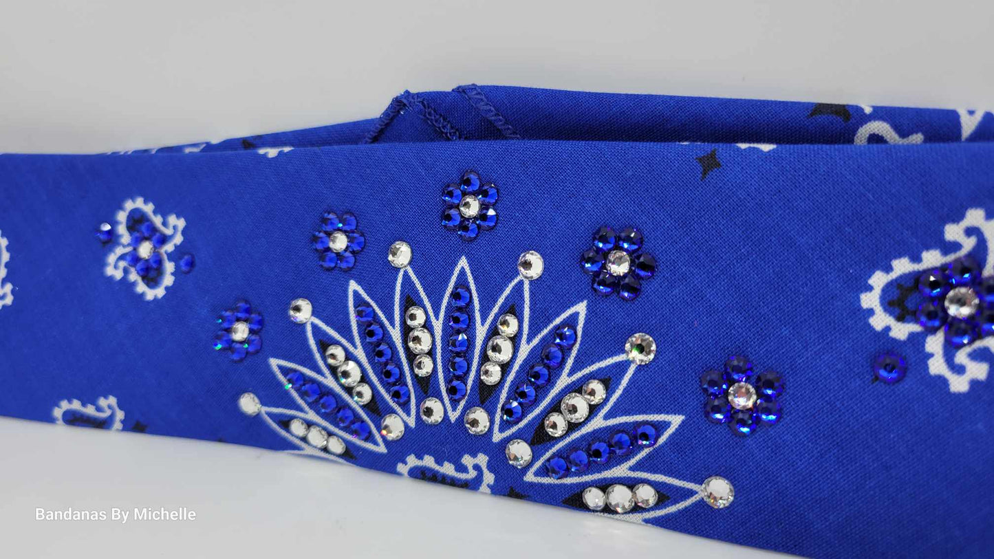 Narrow Blue Paisley Bandana with Blue and Diamond Clear Austrian Crystals (Sku2052)