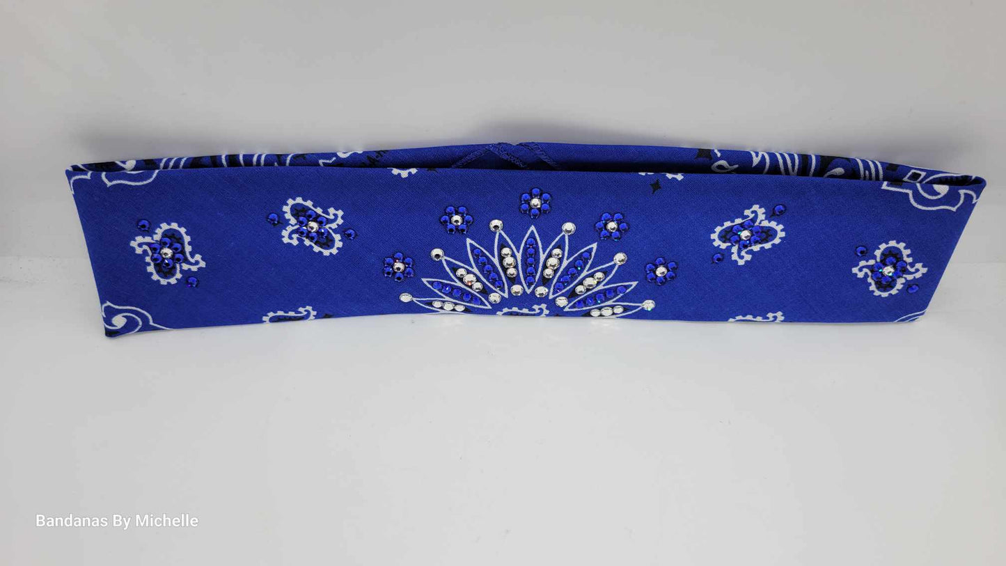 Narrow Blue Paisley Bandana with Blue and Diamond Clear Austrian Crystals (Sku2052)