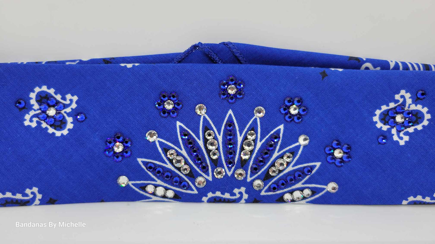 Narrow Blue Paisley Bandana with Blue and Diamond Clear Austrian Crystals (Sku2052)