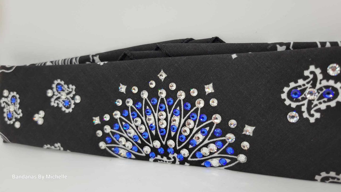 Narrow Black Paisley Bandana With Bright Blue and Clear Austrian Crystals (Sku2060)