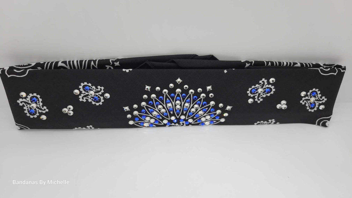 Narrow Black Paisley Bandana With Bright Blue and Clear Austrian Crystals (Sku2060)