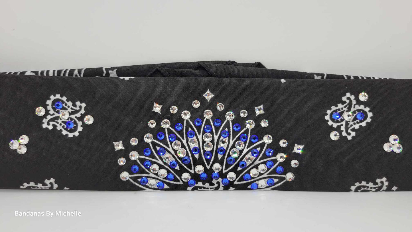Narrow Black Paisley Bandana With Bright Blue and Clear Austrian Crystals (Sku2060)