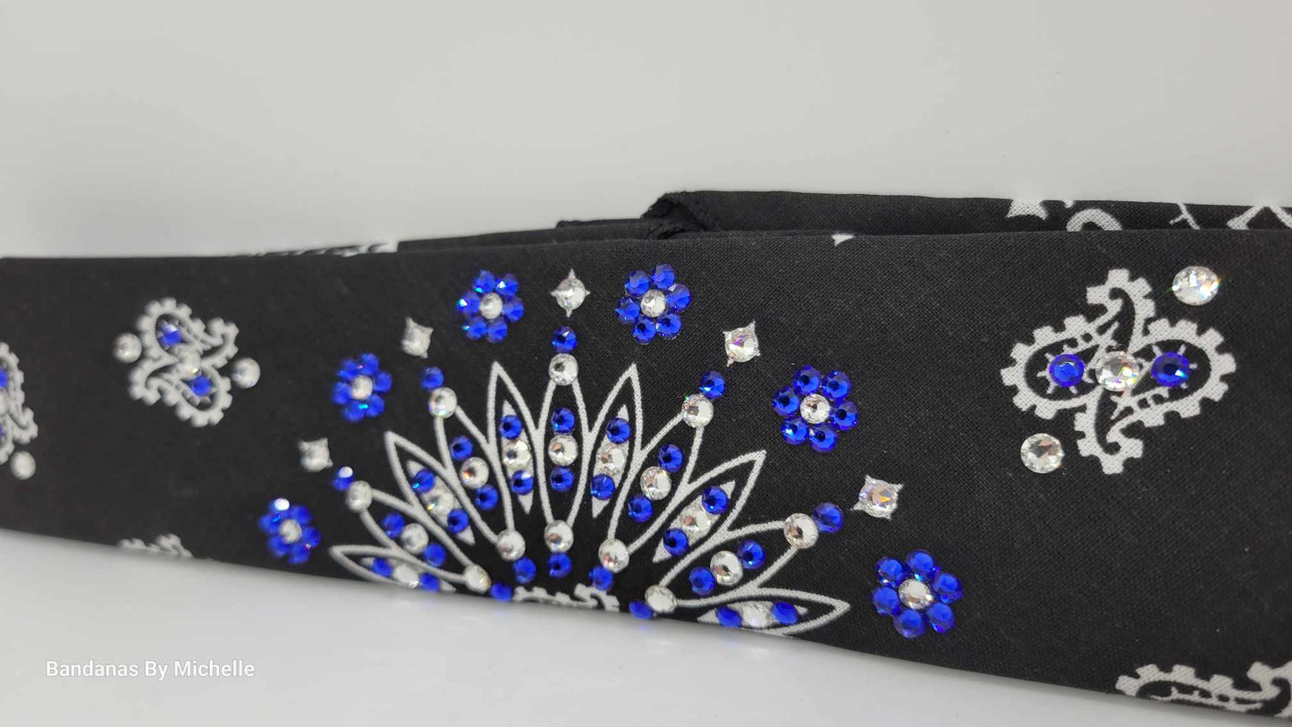 Narrow Black Paisley Bandana with Blue and Diamond Clear Austrian Crystals (sku2061)