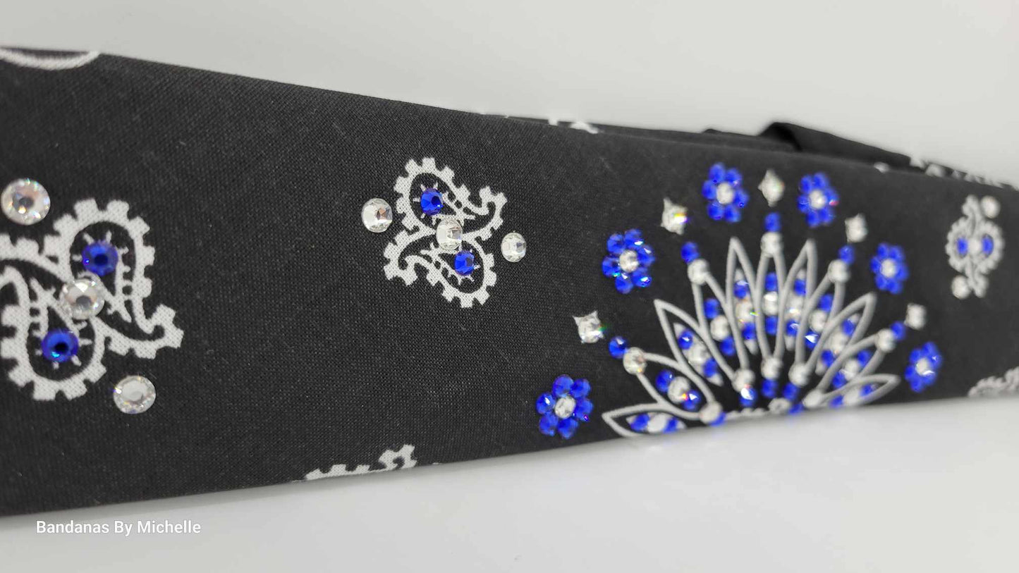Narrow Black Paisley Bandana with Blue and Diamond Clear Austrian Crystals (sku2061)