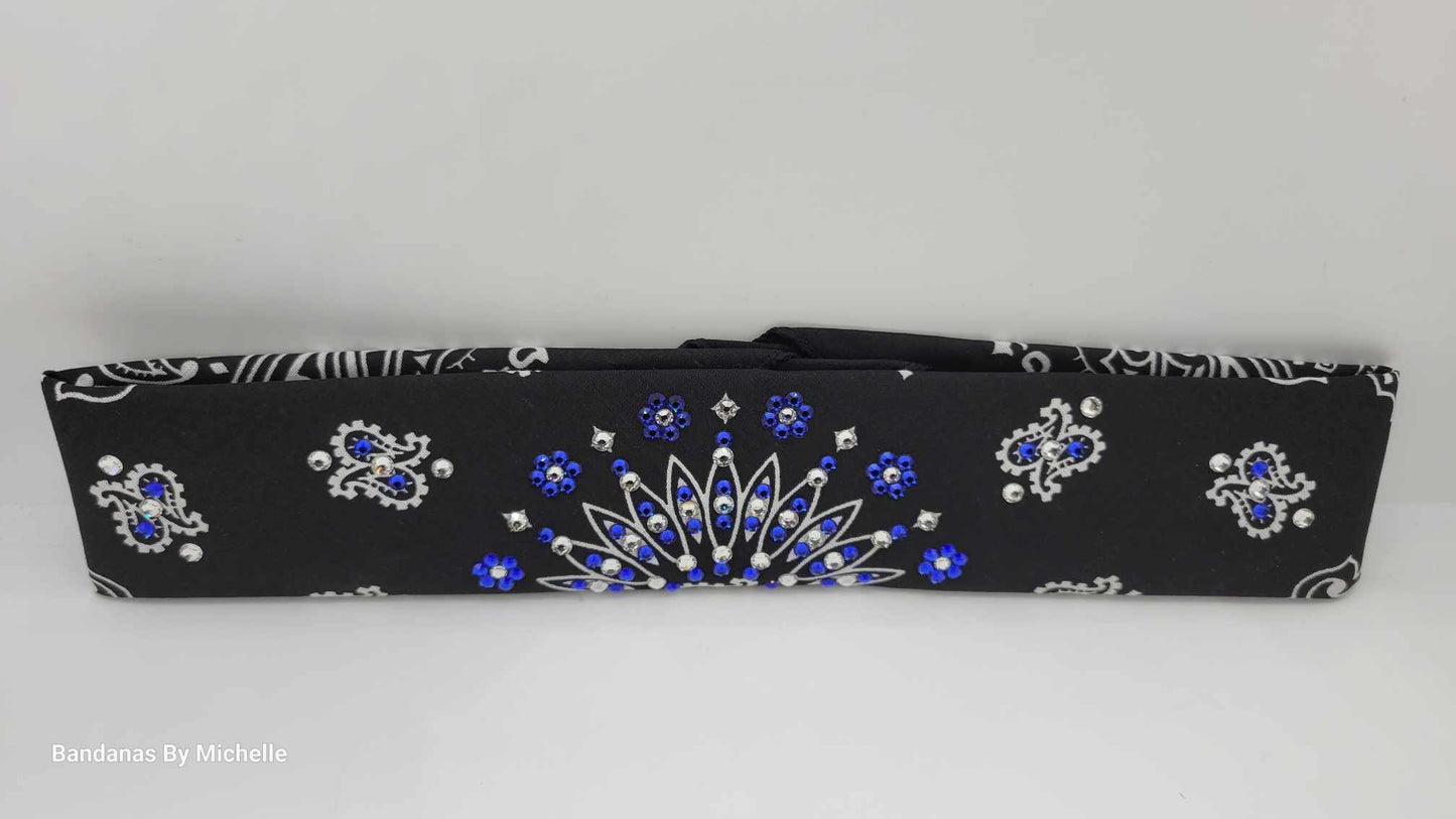 Narrow Black Paisley Bandana with Blue and Diamond Clear Austrian Crystals (sku2061)