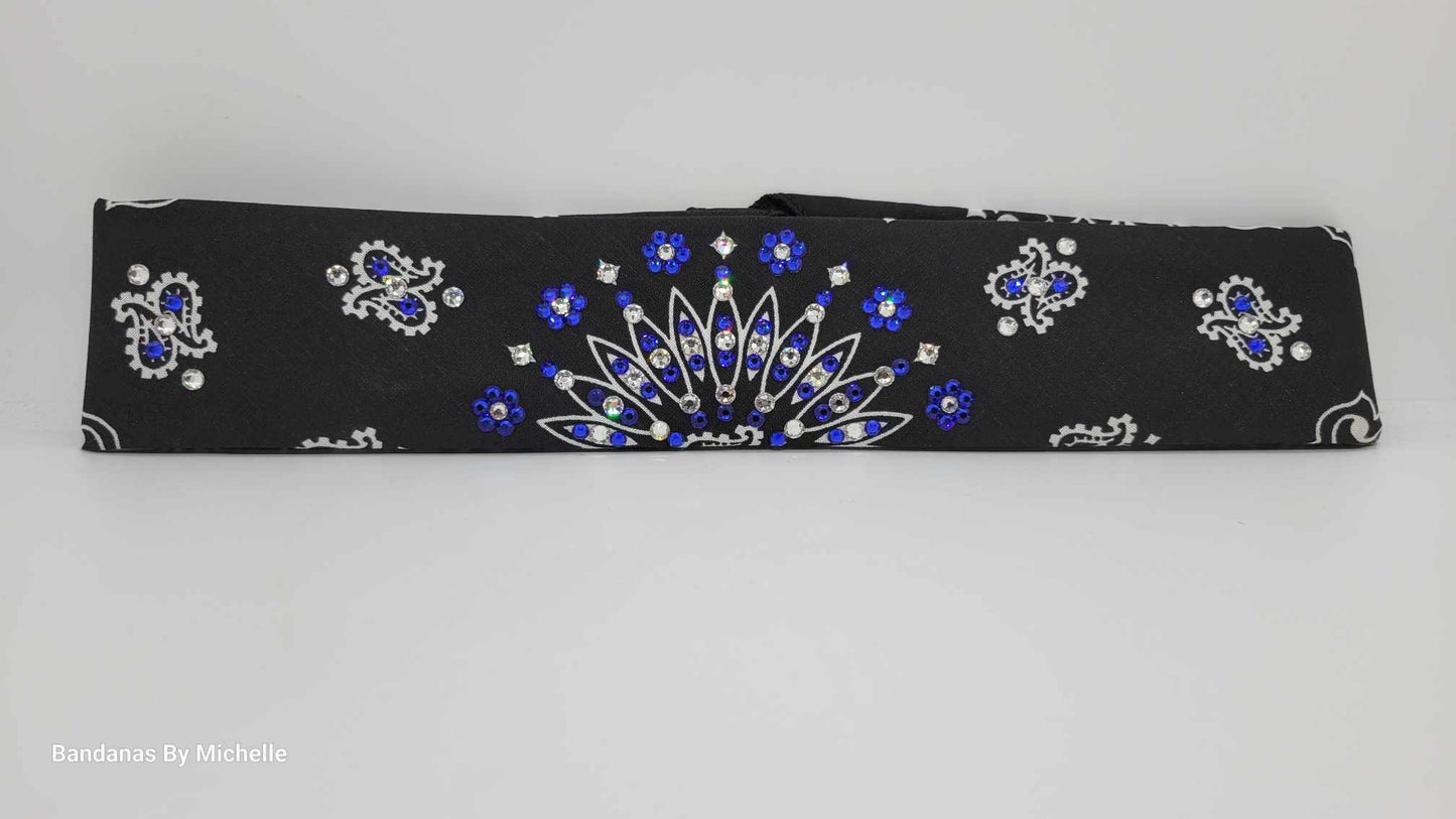 Narrow Black Paisley Bandana with Blue and Diamond Clear Austrian Crystals (sku2061)