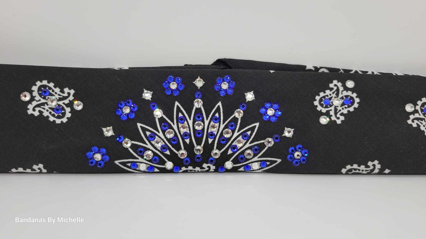 Narrow Black Paisley Bandana with Blue and Diamond Clear Austrian Crystals (sku2061)