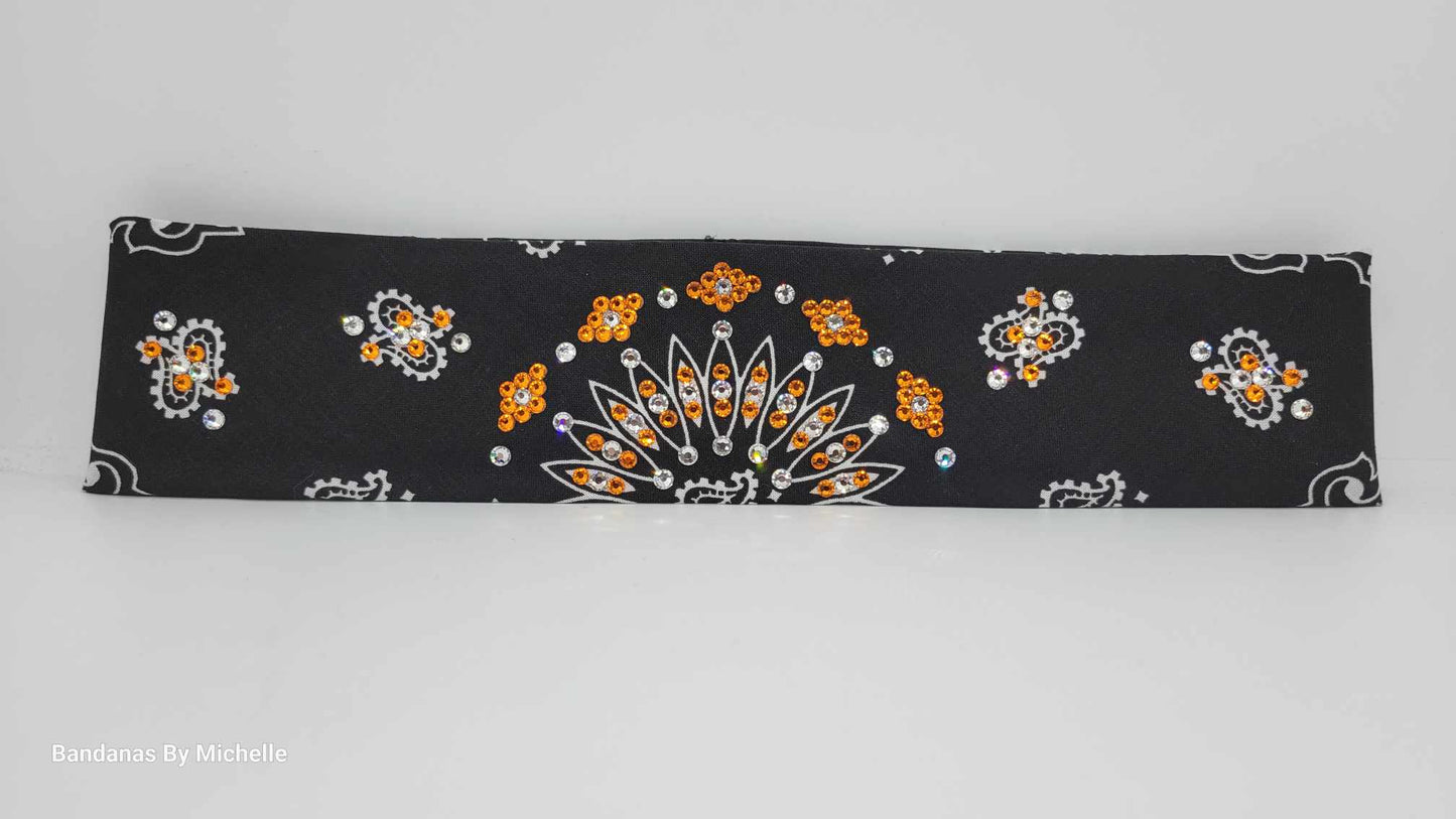 Narrow Black Paisley Bandana with Orange and Diamond Clear Austrian Crystals (Sku2069)
