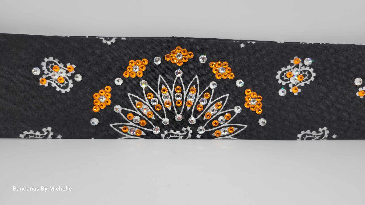 Narrow Black Paisley Bandana with Orange and Diamond Clear Austrian Crystals (Sku2069)