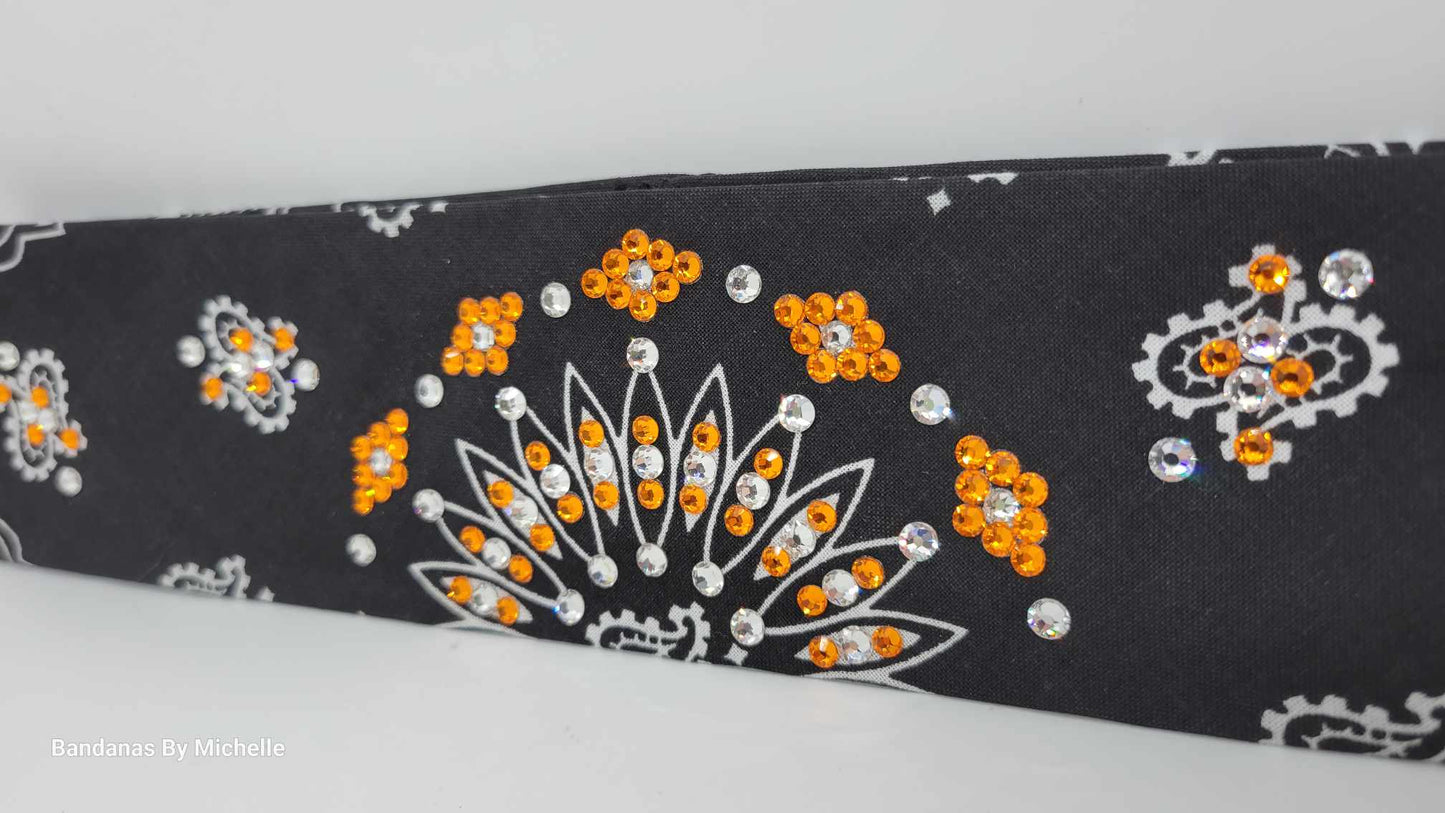 Narrow Black Paisley Bandana with Orange and Diamond Clear Austrian Crystals (Sku2069)