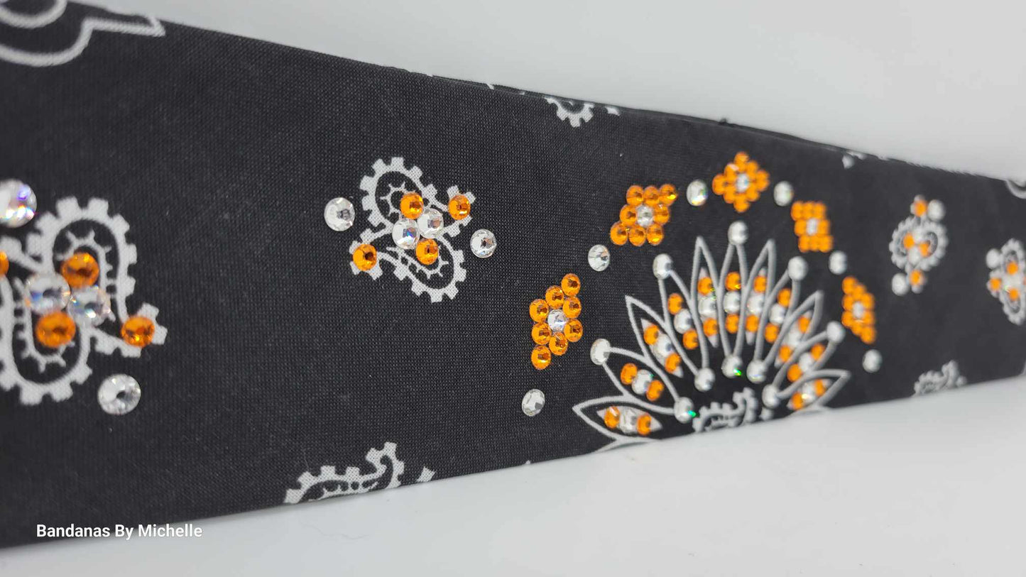 Narrow Black Paisley Bandana with Orange and Diamond Clear Austrian Crystals (Sku2069)