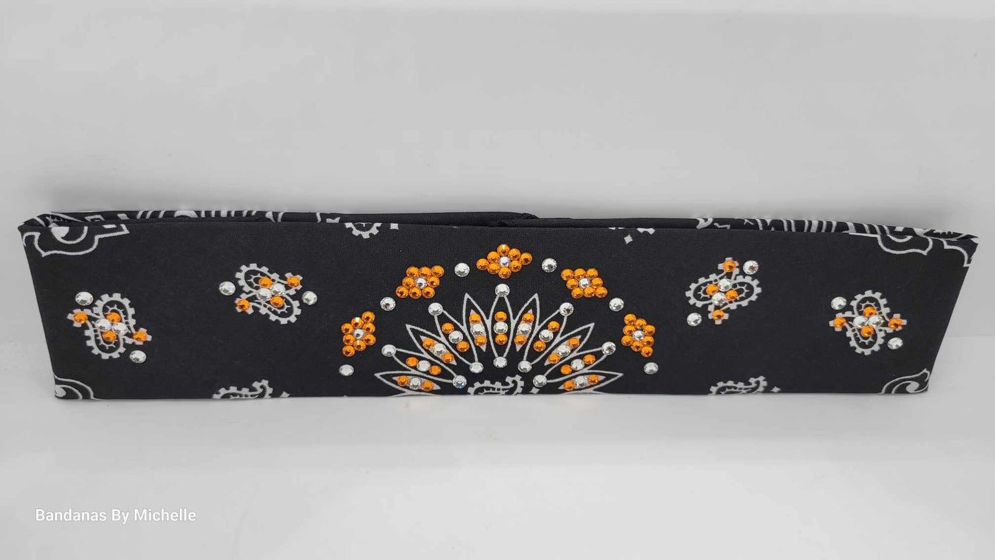 Narrow Black Paisley Bandana with Orange and Diamond Clear Austrian Crystals (Sku2069)