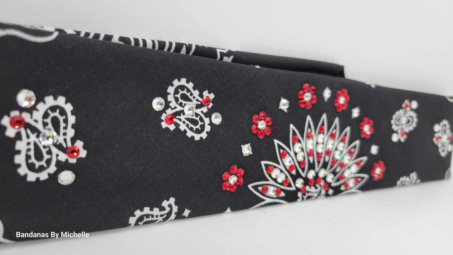 Narrow Black Paisley Bandana With Red and Diamond Clear Austrian Crystals (Sku2063)