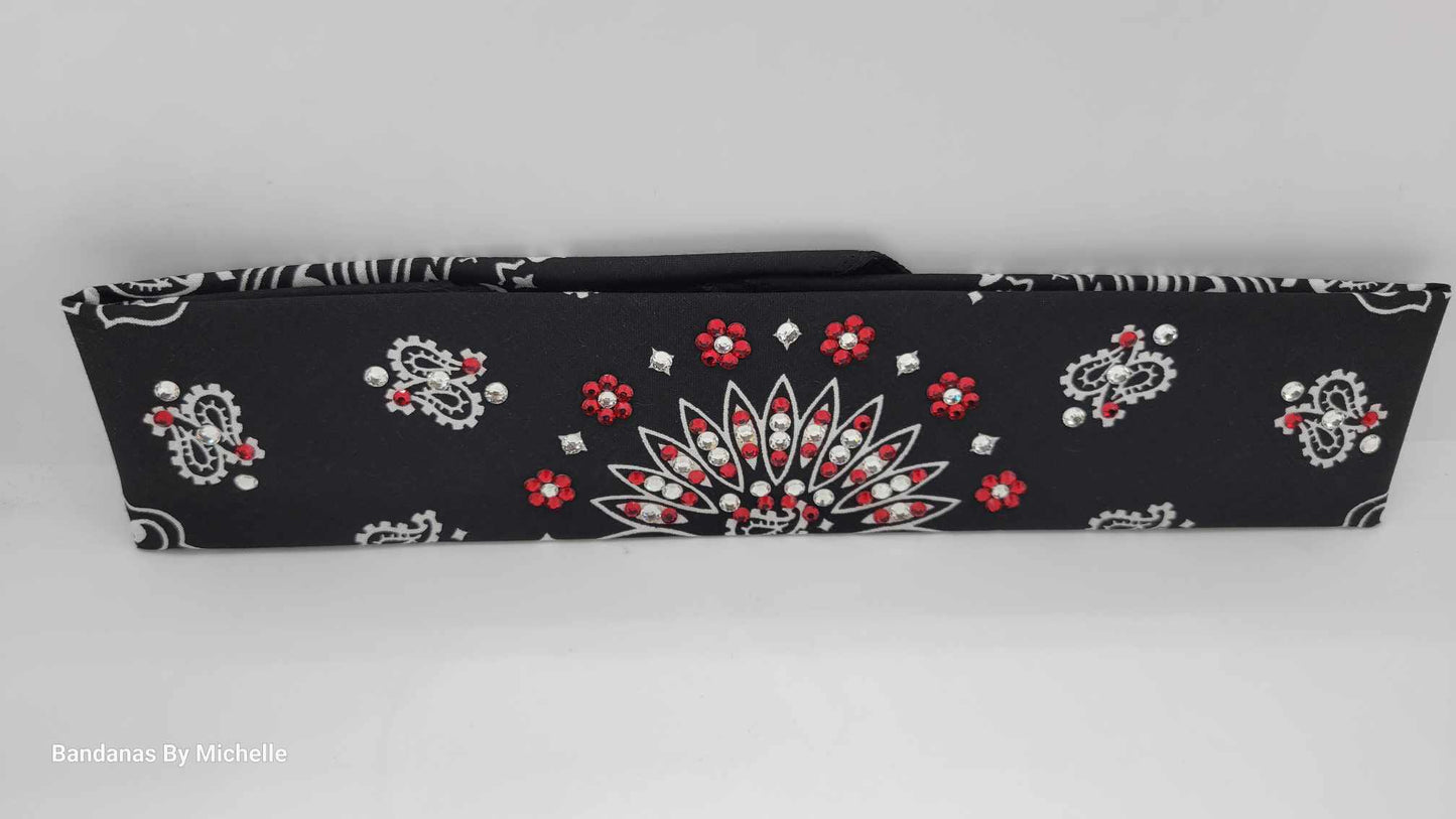 Narrow Black Paisley Bandana With Red and Diamond Clear Austrian Crystals (Sku2063)