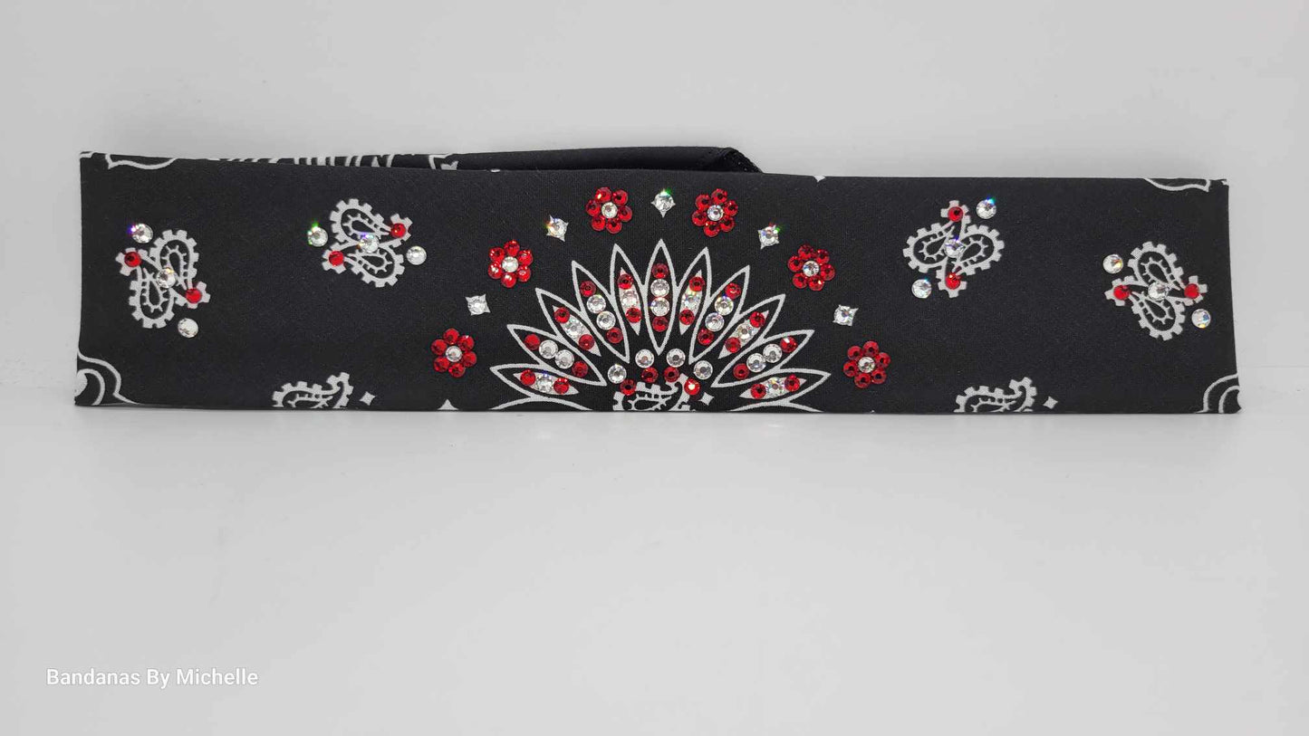 Narrow Black Paisley Bandana With Red and Diamond Clear Austrian Crystals (Sku2063)