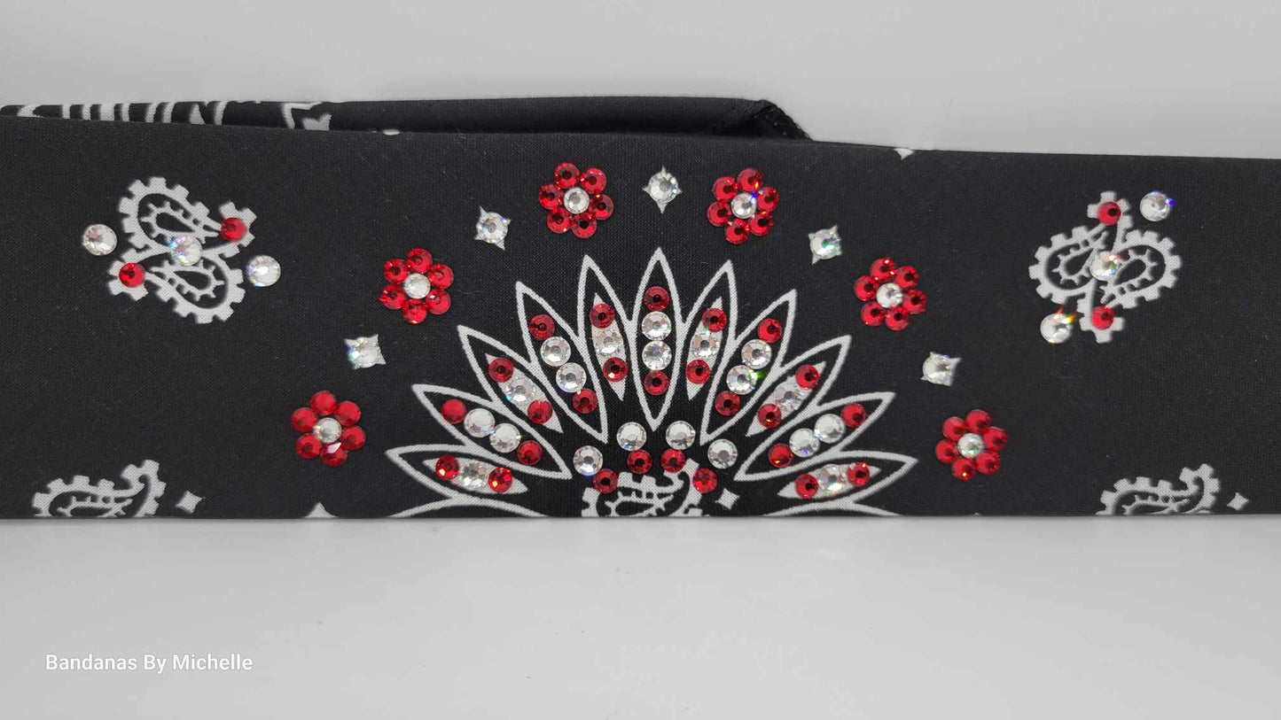 Narrow Black Paisley Bandana With Red and Diamond Clear Austrian Crystals (Sku2063)
