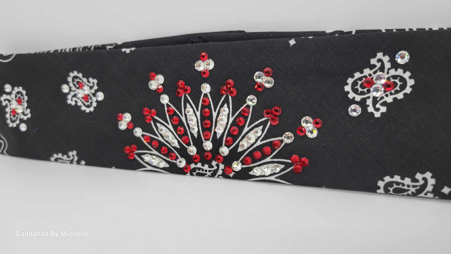 Narrow Black Paisley Bandana with Red and Diamond Clear Austrian Crystals (Sku2064)
