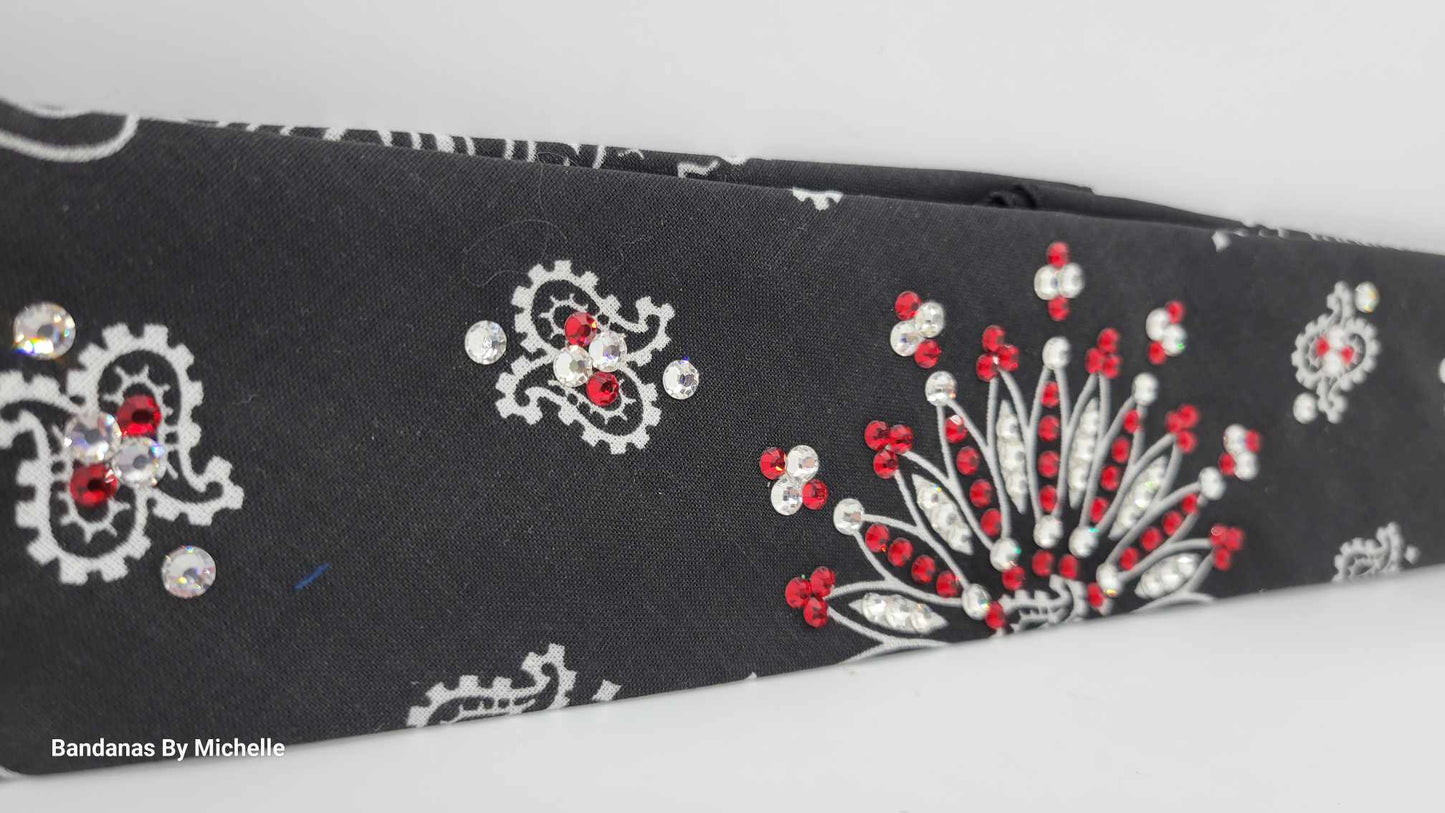 Narrow Black Paisley Bandana with Red and Diamond Clear Austrian Crystals (Sku2064)