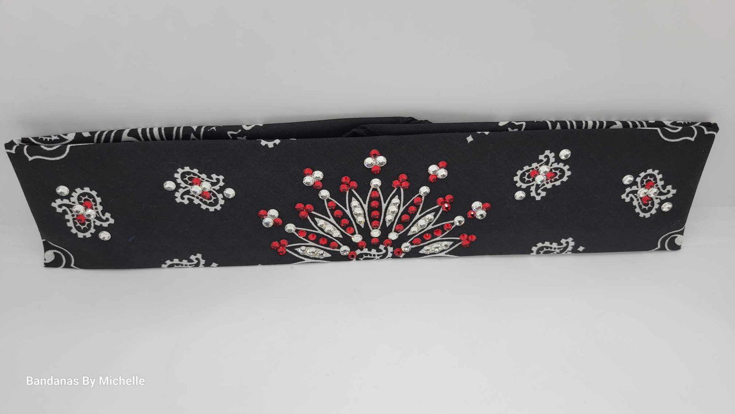 Narrow Black Paisley Bandana with Red and Diamond Clear Austrian Crystals (Sku2064)