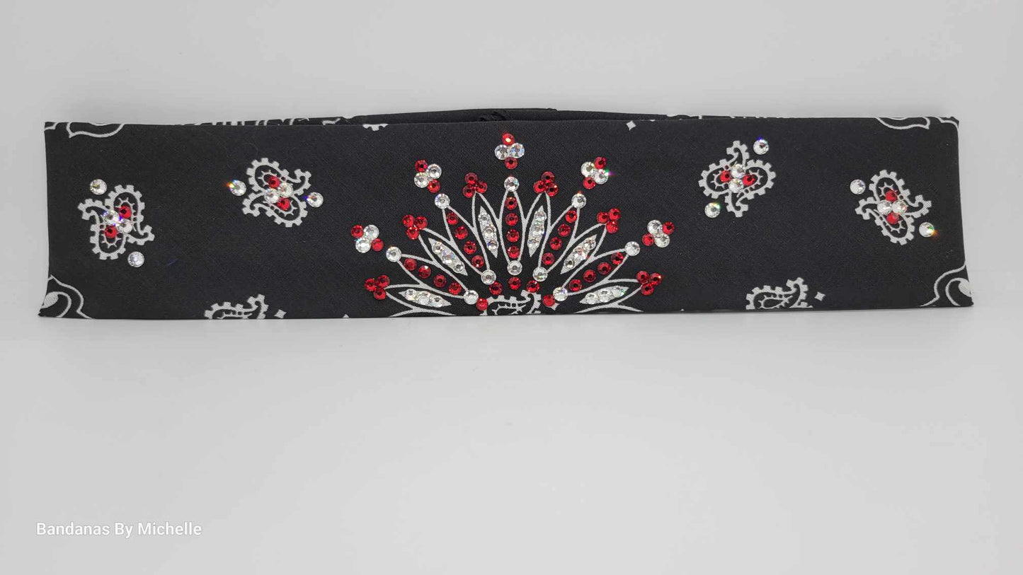 Narrow Black Paisley Bandana with Red and Diamond Clear Austrian Crystals (Sku2064)
