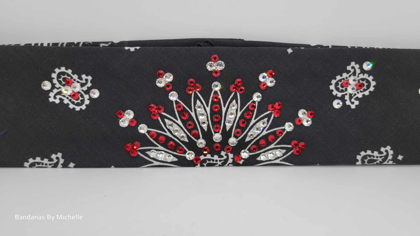 Narrow Black Paisley Bandana with Red and Diamond Clear Austrian Crystals (Sku2064)