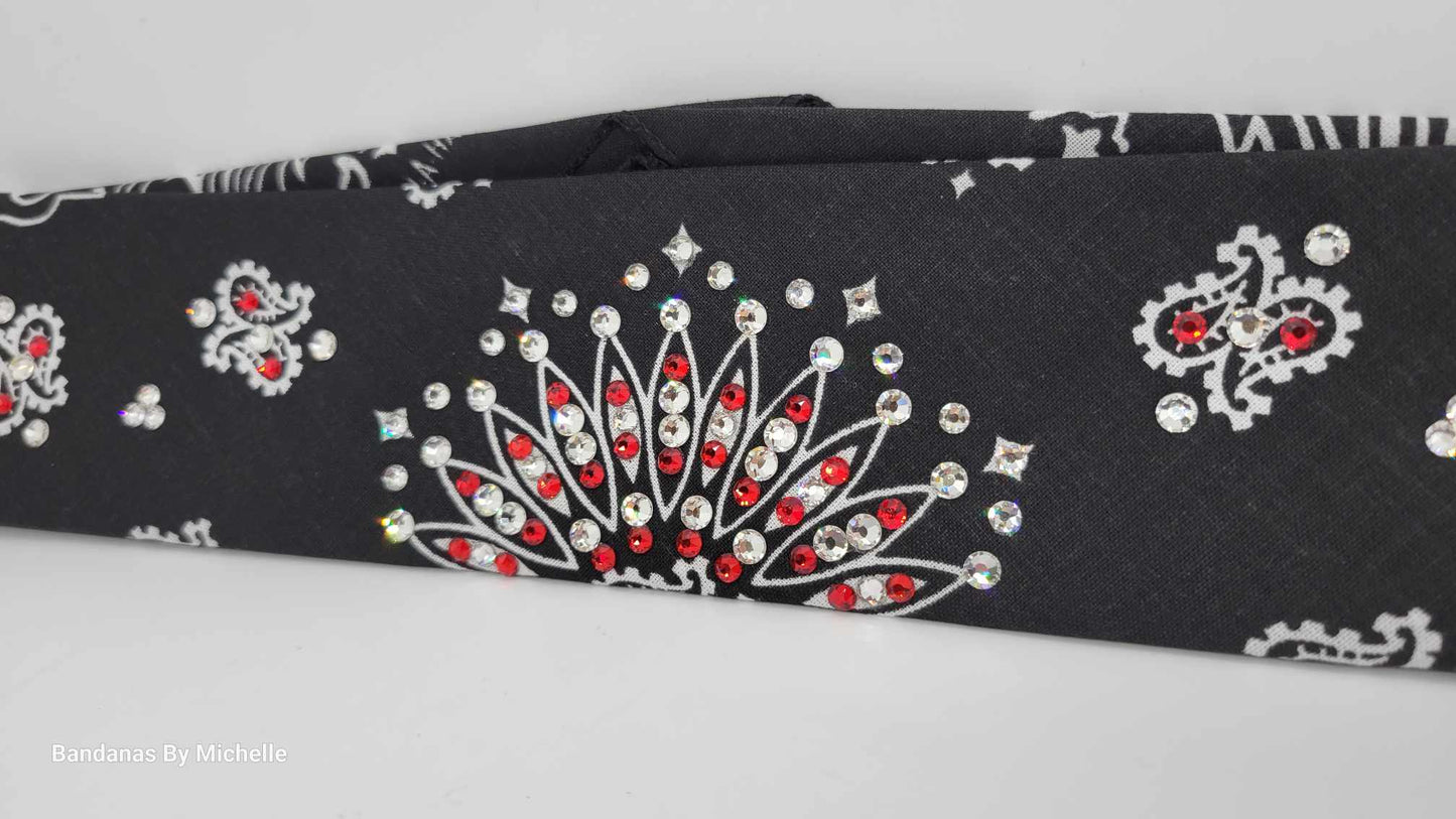 Narrow Black Paisley Bandana with Red and Diamond Clear Austrian Crystals (Sku2065)