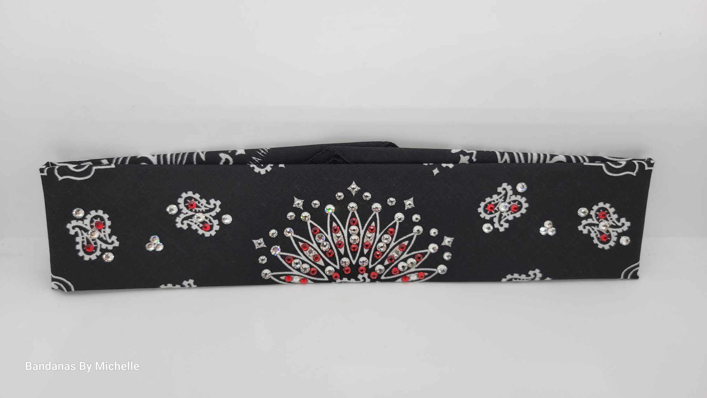 Narrow Black Paisley Bandana with Red and Diamond Clear Austrian Crystals (Sku2065)
