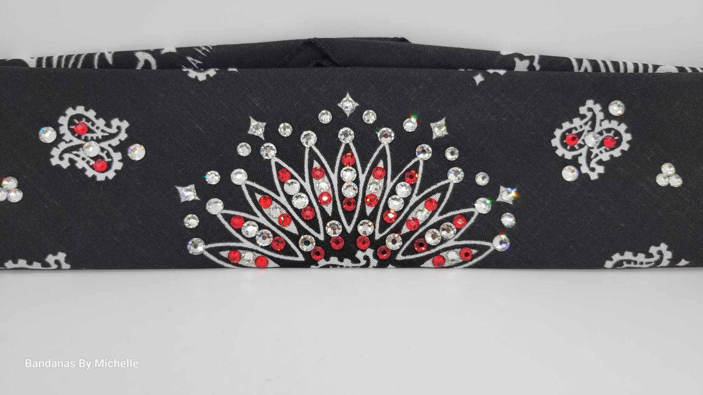 Narrow Black Paisley Bandana with Red and Diamond Clear Austrian Crystals (Sku2065)