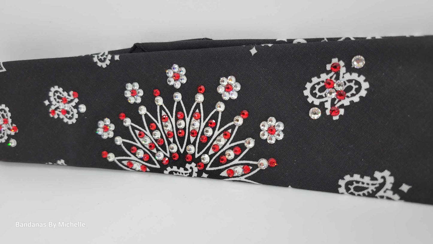 Narrow Black Paisley Bandana with Red and Diamond Clear Austrian Crystals (sku2067)