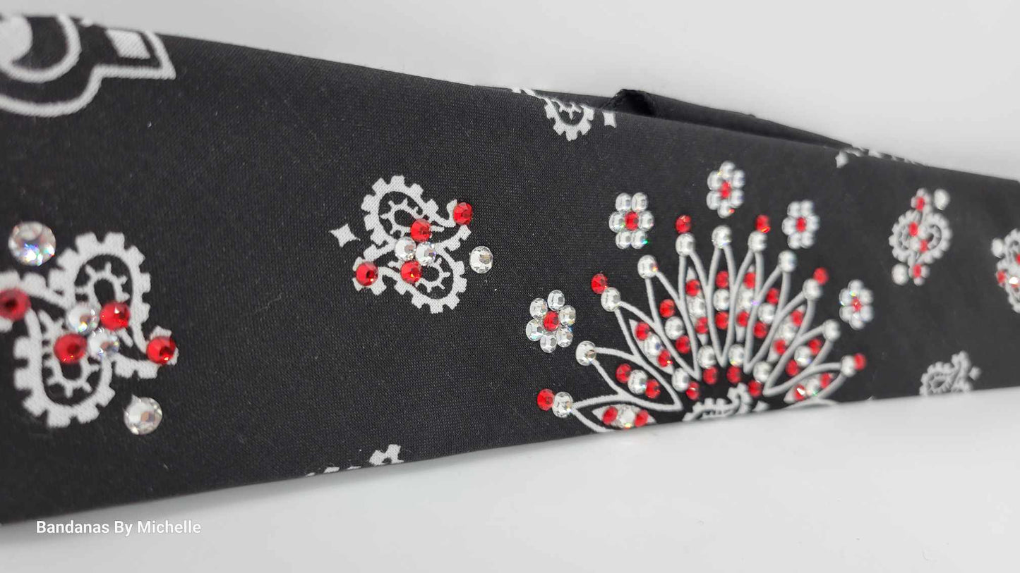 Narrow Black Paisley Bandana with Red and Diamond Clear Austrian Crystals (sku2067)