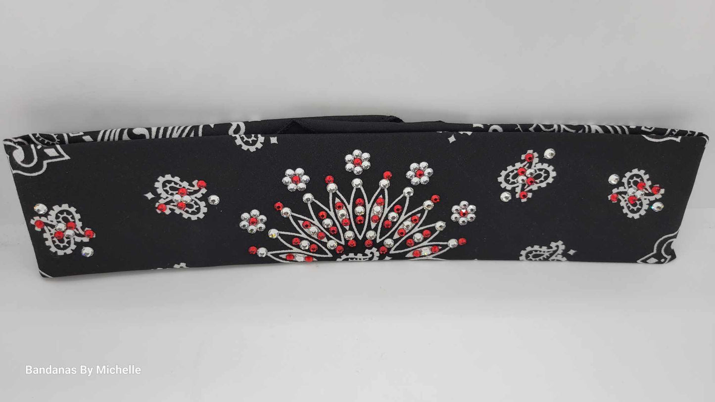 Narrow Black Paisley Bandana with Red and Diamond Clear Austrian Crystals (sku2067)
